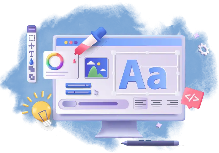 Monitor with various design elements floating around it.